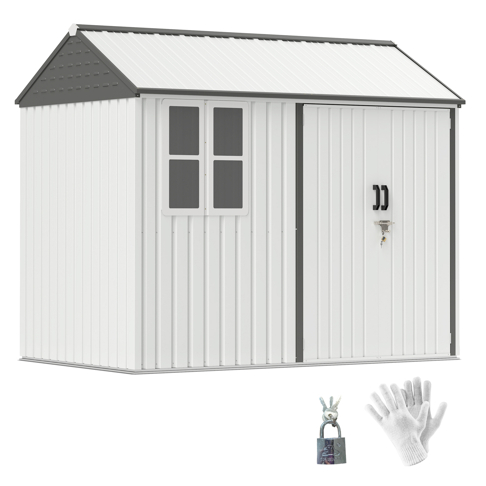 8' x 6' Metal Garden Storage Shed, Extra Large Outdoor Tool Storage House w/ Doors, Window and Air Vents, White