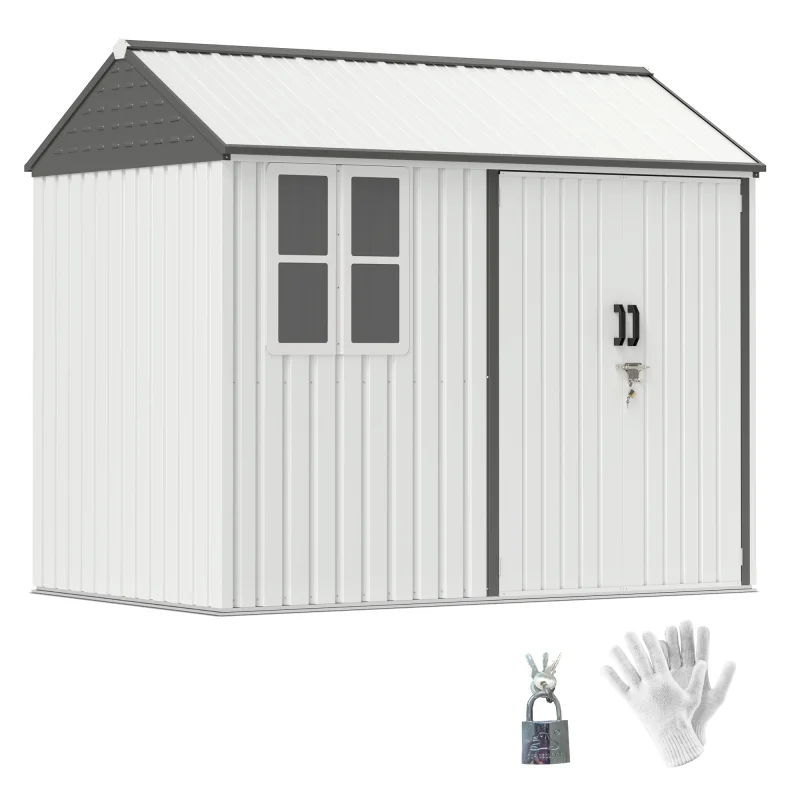 8' x 6' Metal Garden Storage Shed, Extra Large Outdoor Tool Storage House w/ Doors, Window and Air Vents, White