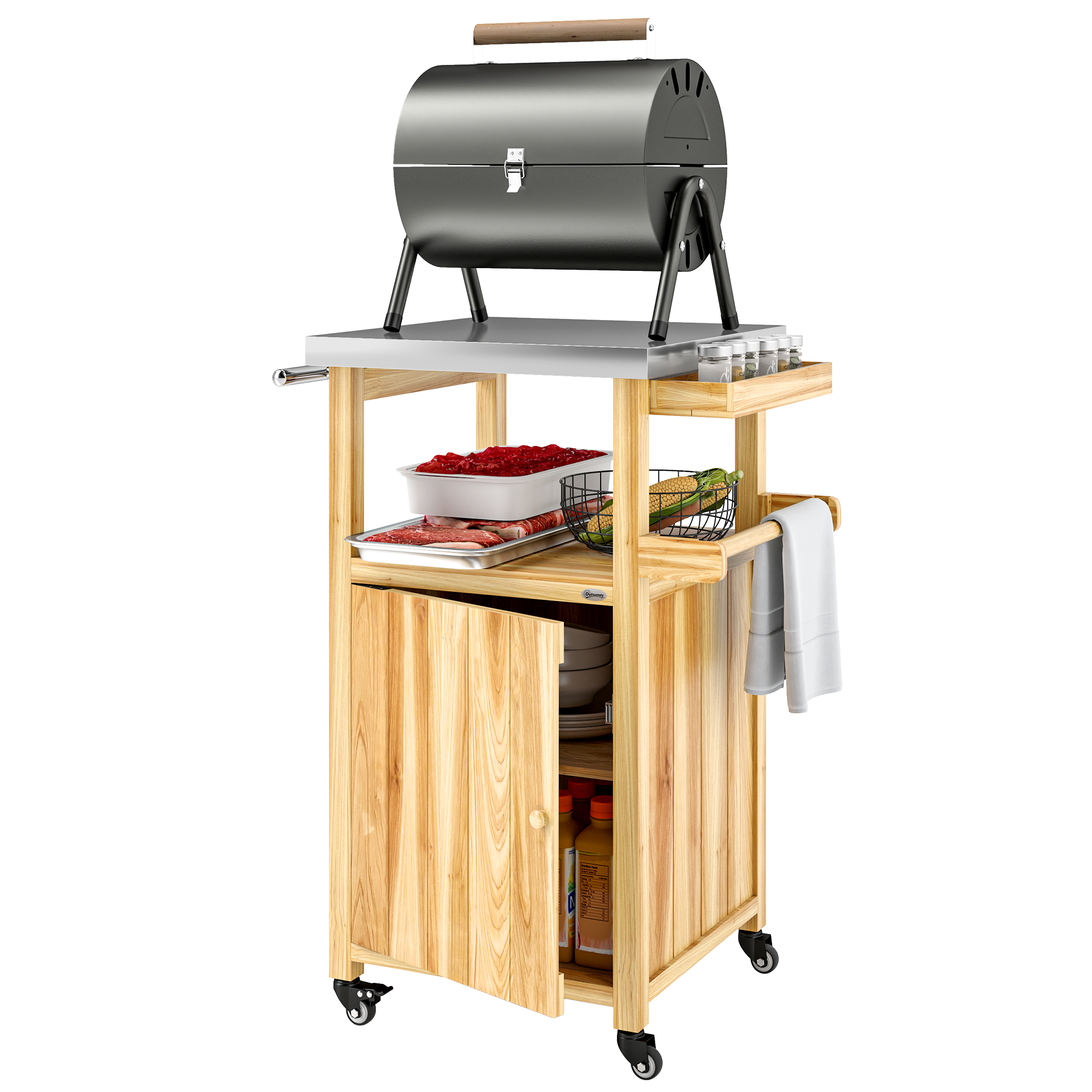 Outdoor Grill Cart w/ Stainless Steel Top, Solid Wood Outdoor Kitchen Island w/ Wheels, Integrated Hole, Natural Wood
