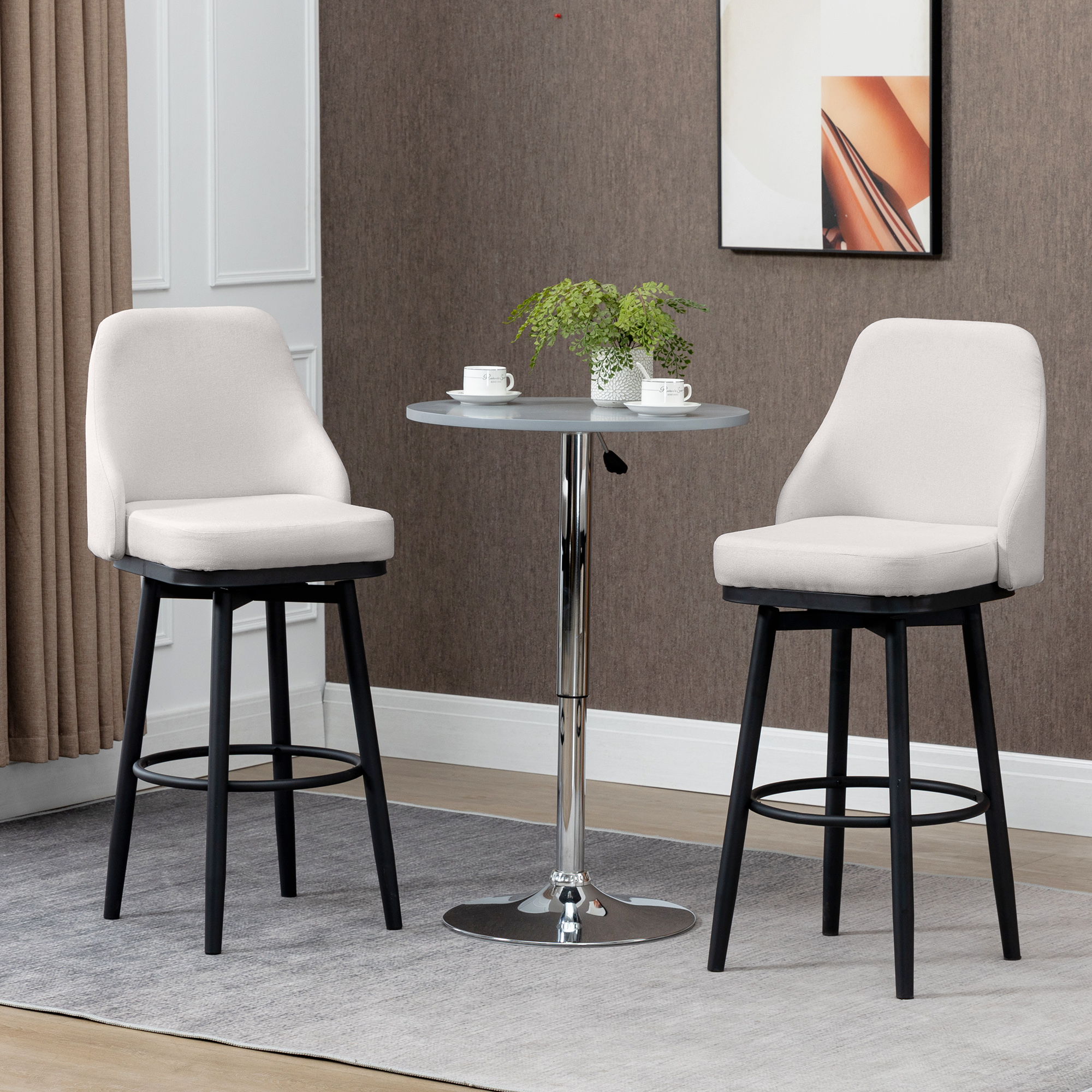 Bar Height Bar Stools Set of 2, Modern 360° Swivel Kitchen Chairs with Steel Legs and Footrest, 29.5 Inch Seat Height Upholstered Barstools for Kitchen Island, Cream White