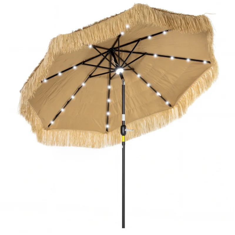 9 ft Hula Thatched Tiki Patio Umbrella with LED Solar Light, Outdoor Umbrella with Crank, Tilt, UPF30+, Khaki