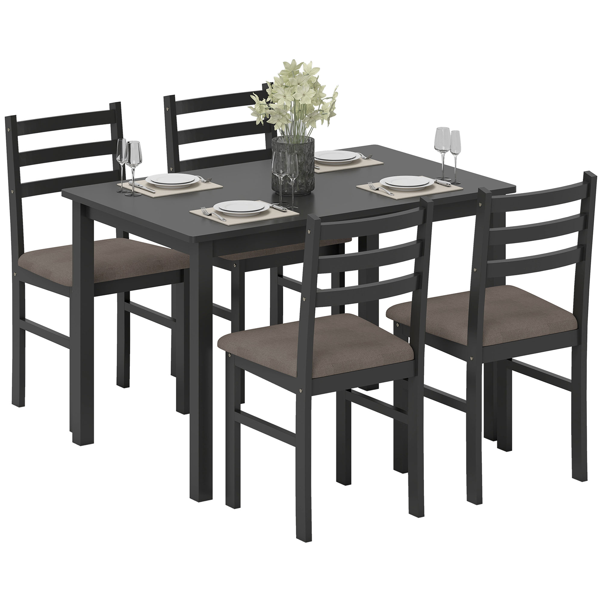 5-Piece Small Kitchen Table Set for 4, Farmhouse Dining Table Set with Upholstered Chairs and Rubber Wood Legs, Black