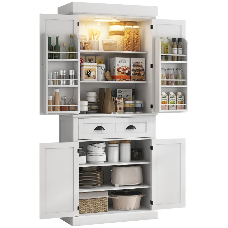 71" Kitchen Pantry Cabinet with LED Lights, 6 Door Shelves, a Drawer and 4 Adjustable Shelves, White