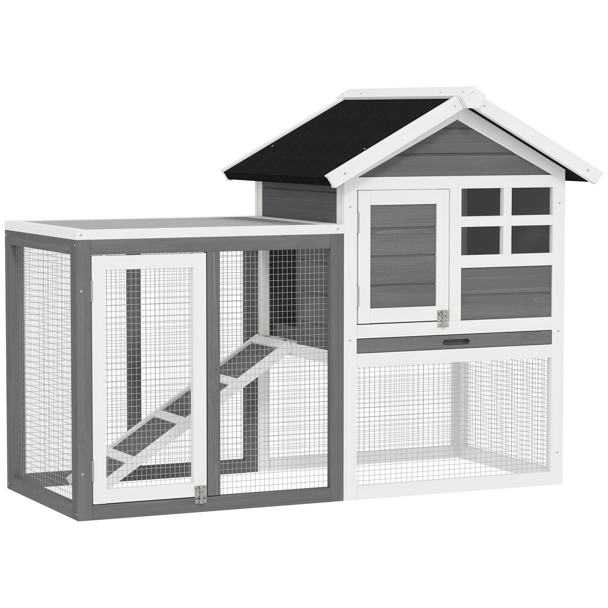 49" Weatherproof Wooden Rabbit Hutch with Slanted Asphalt Roof & Fun Outdoor Run for Bunnies & Ferrets - Grey
