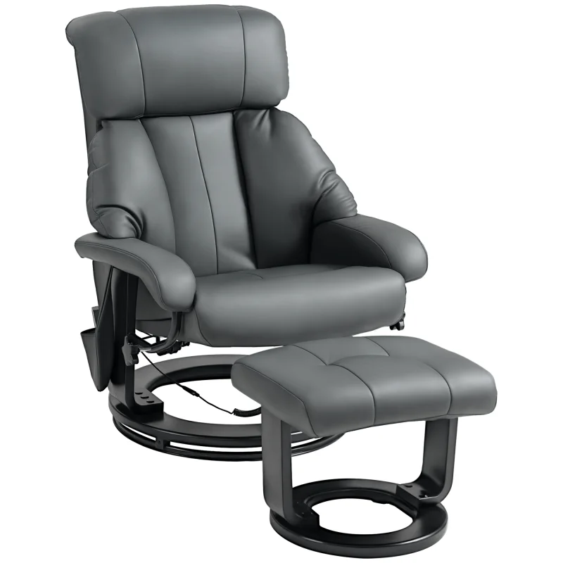 Swivel Recliner with Ottoman, Faux Leather Reclining Chair with Massage, Footstool Remote and Side Pocket, Gray