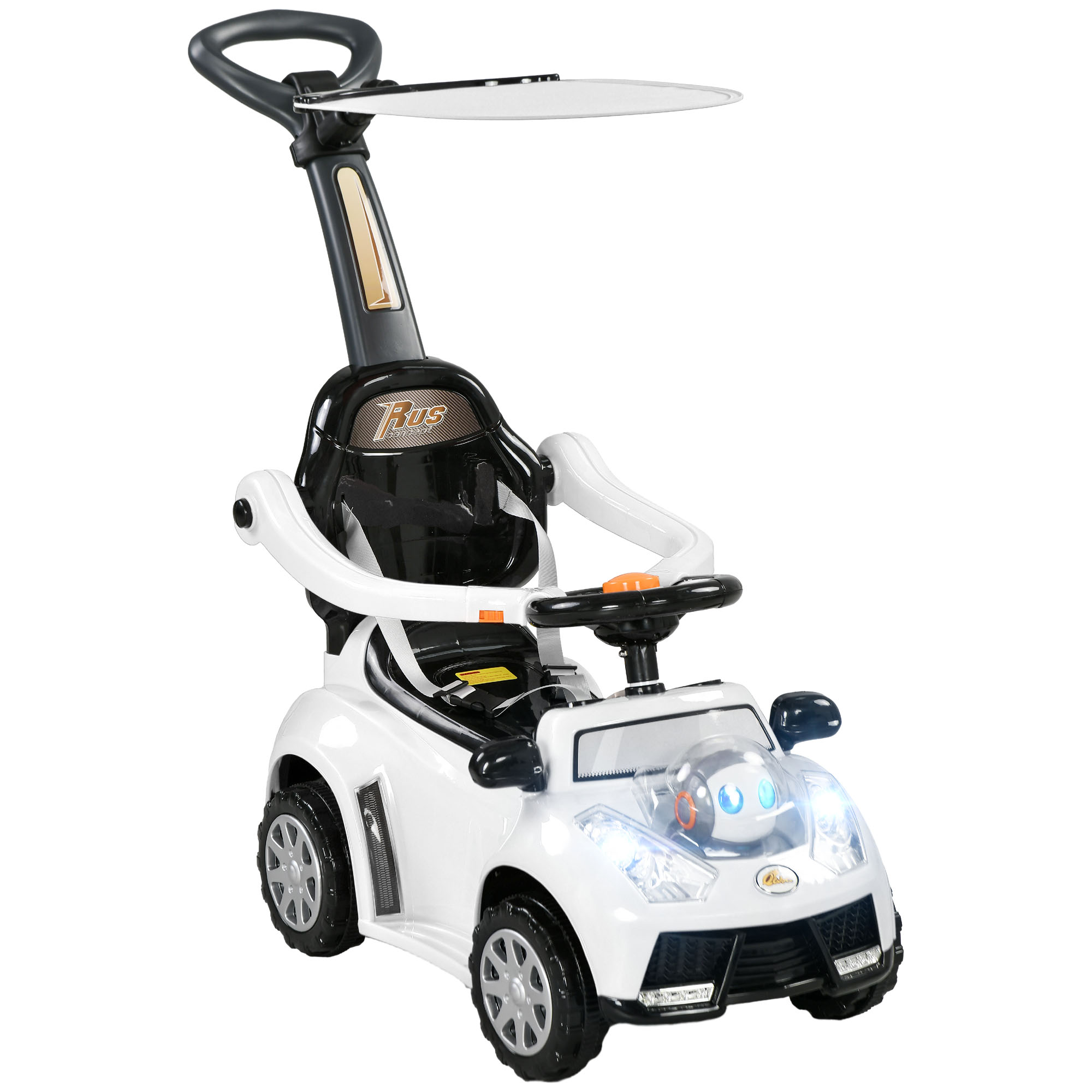 3 in 1 Push Car Sliding Car with Removable Handle, Music, Horn, Canopy, Safety Guardrail, White
