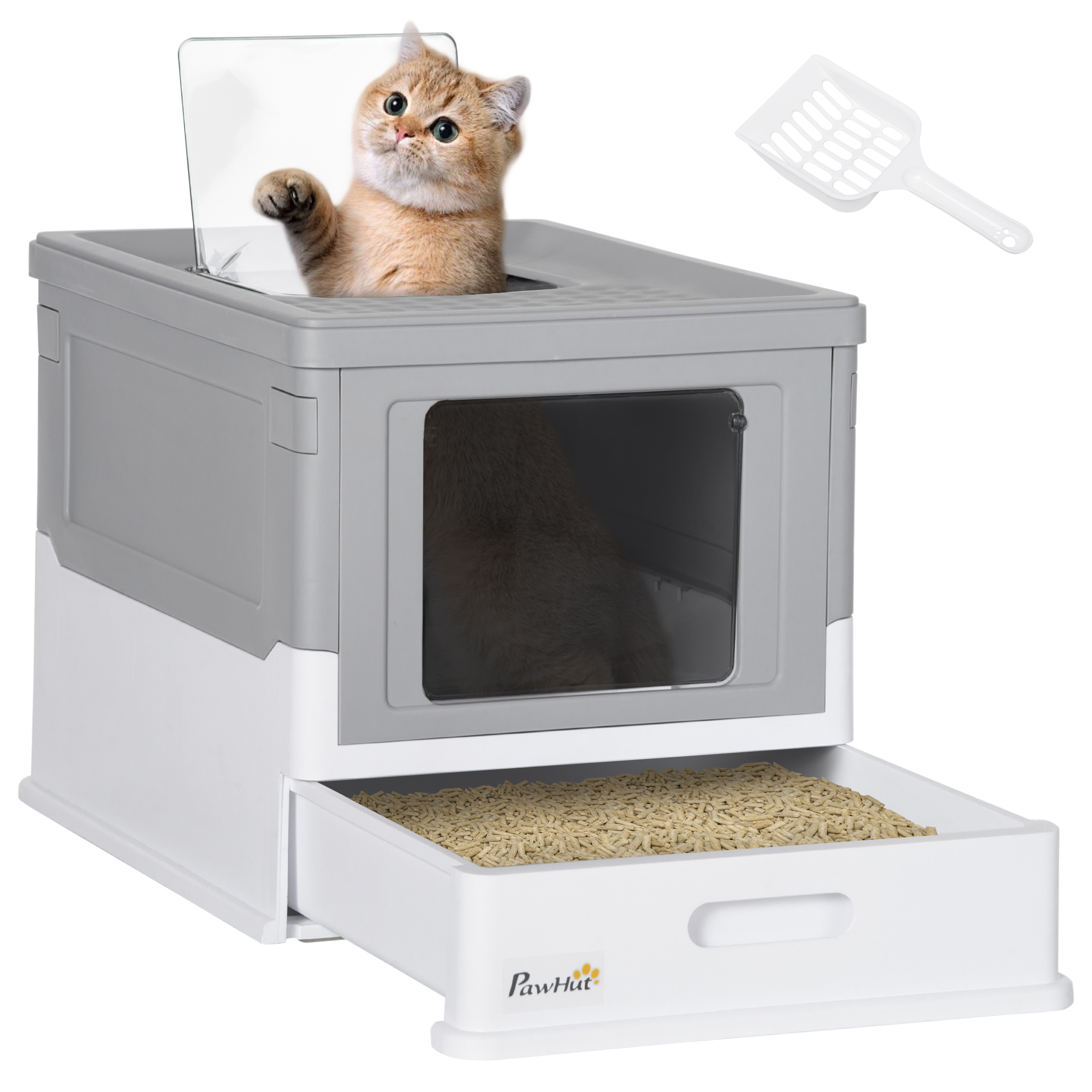 Fully Enclosed Cat Litter Box with Front Entry, Top Exit, Gray