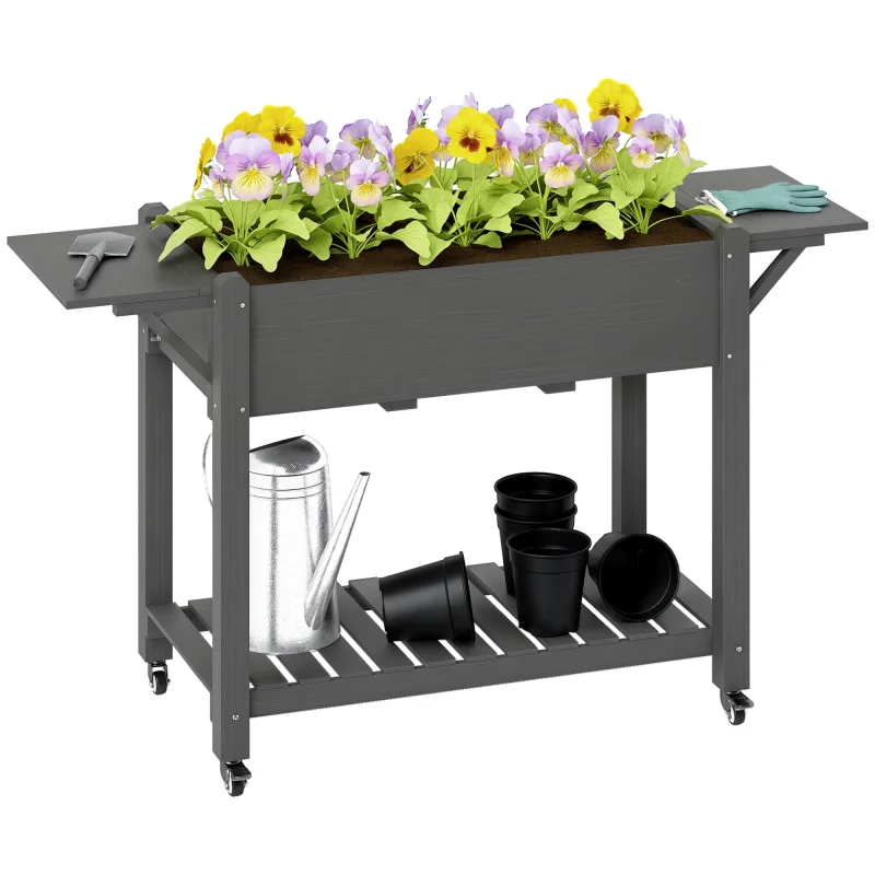 Wood Raised Planter Box, Elevated Garden Bed with Lockable Wheels, Side Tables, Bottom Shelf, Drain Holes, Gray