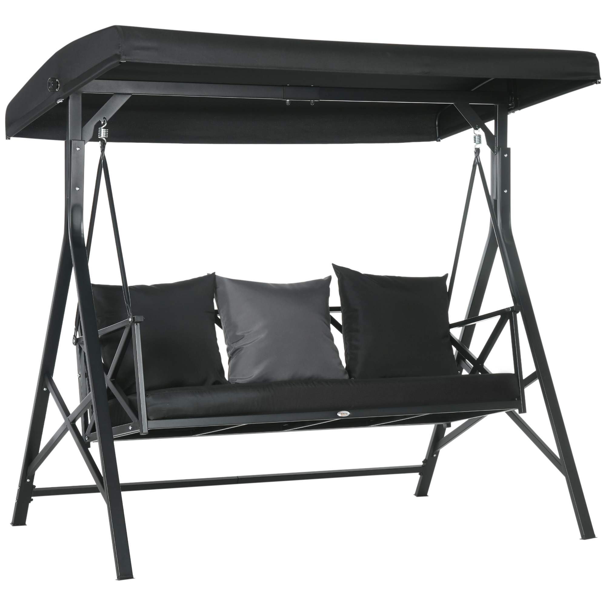  3-Seat Patio Swing Chair, Porch Swing Glider with Cushion, 3 Throw Pillows & Adjustable Canopy for Porch, Garden, Poolside, Backyard, Black