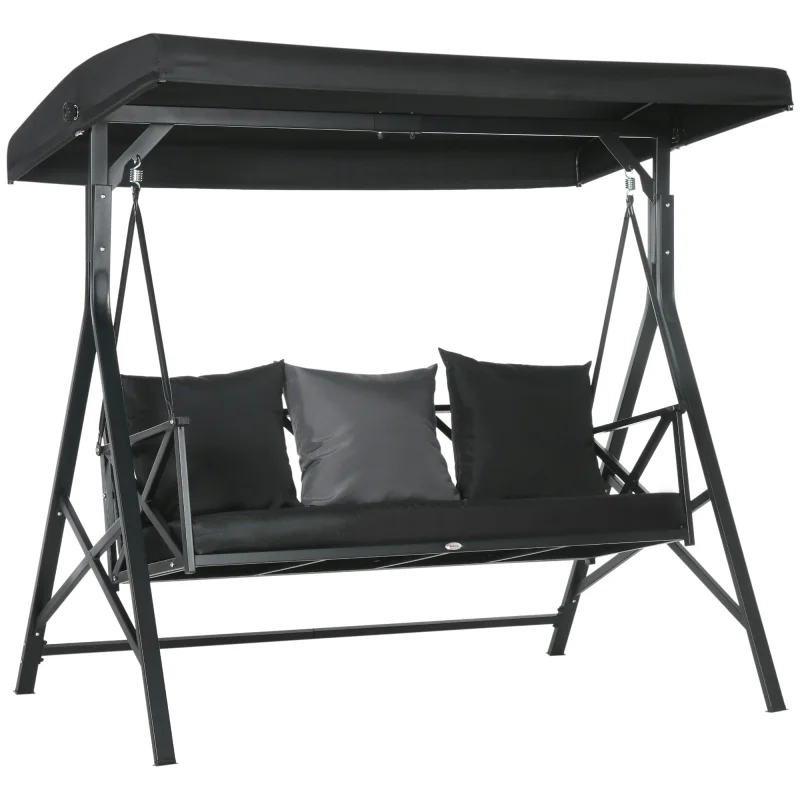  3-Seat Patio Swing Chair, Porch Swing Glider with Cushion, 3 Throw Pillows & Adjustable Canopy for Porch, Garden, Poolside, Backyard, Black