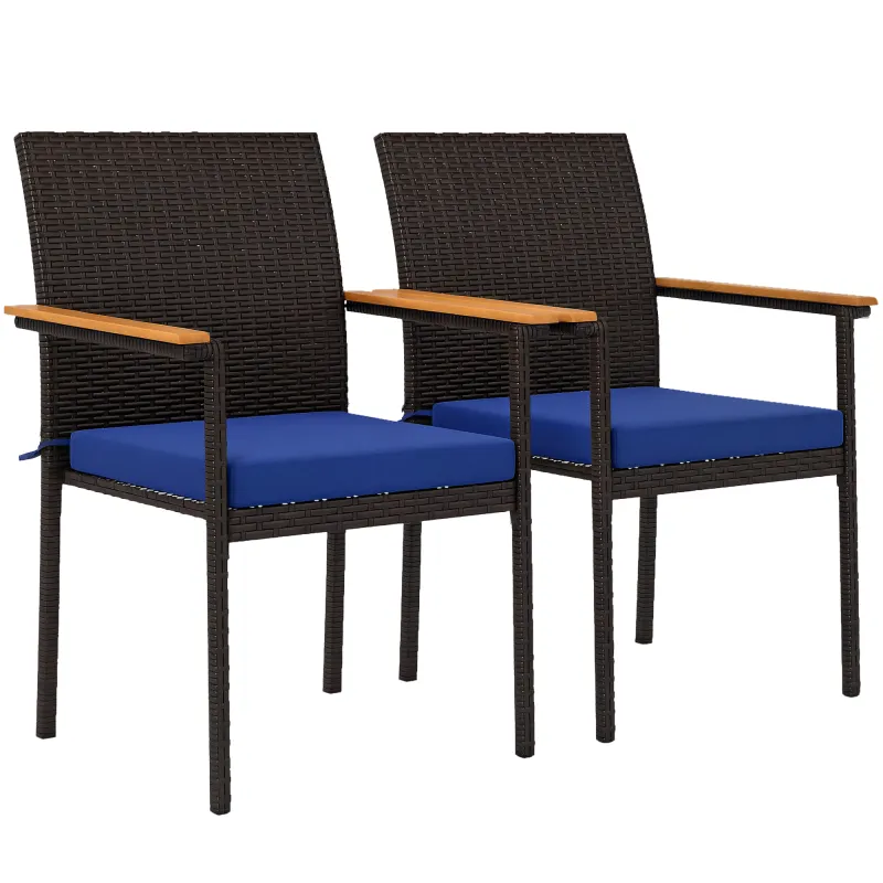 Stackable Patio Wicker Dining Chair Set of 2 with Cushions, Backrest, Armrests for Deck, Garden, Navy Blue