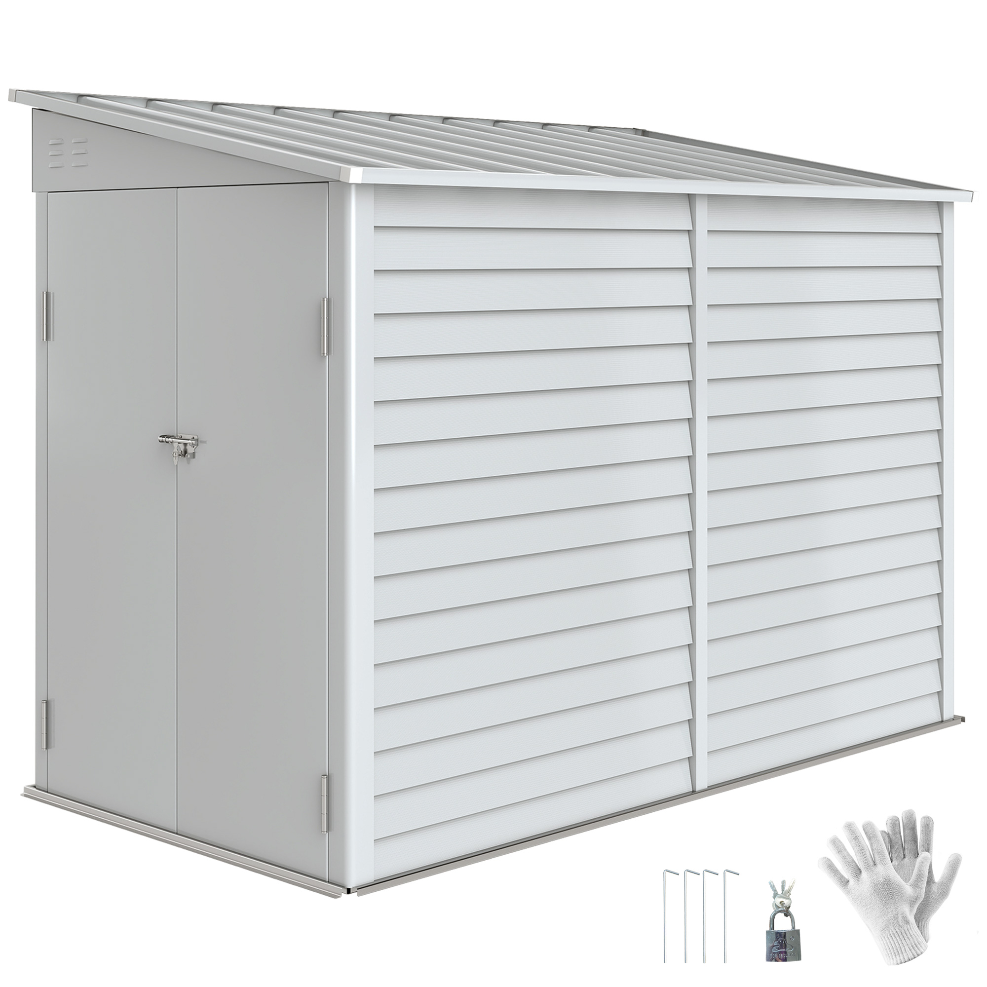 4.6' x 9' Outdoor Storage Shed, Lean to Metal Shed with Foundation Kit, Lockable Doors and Gloves for Patio, Lawn, White