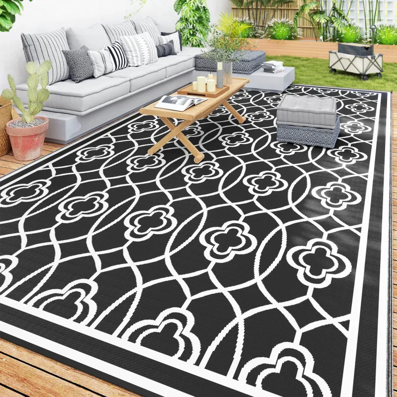 Reversible Outdoor Rug, Waterproof Plastic Straw with Carry Bag, 9' x 18', Black & White Lantern