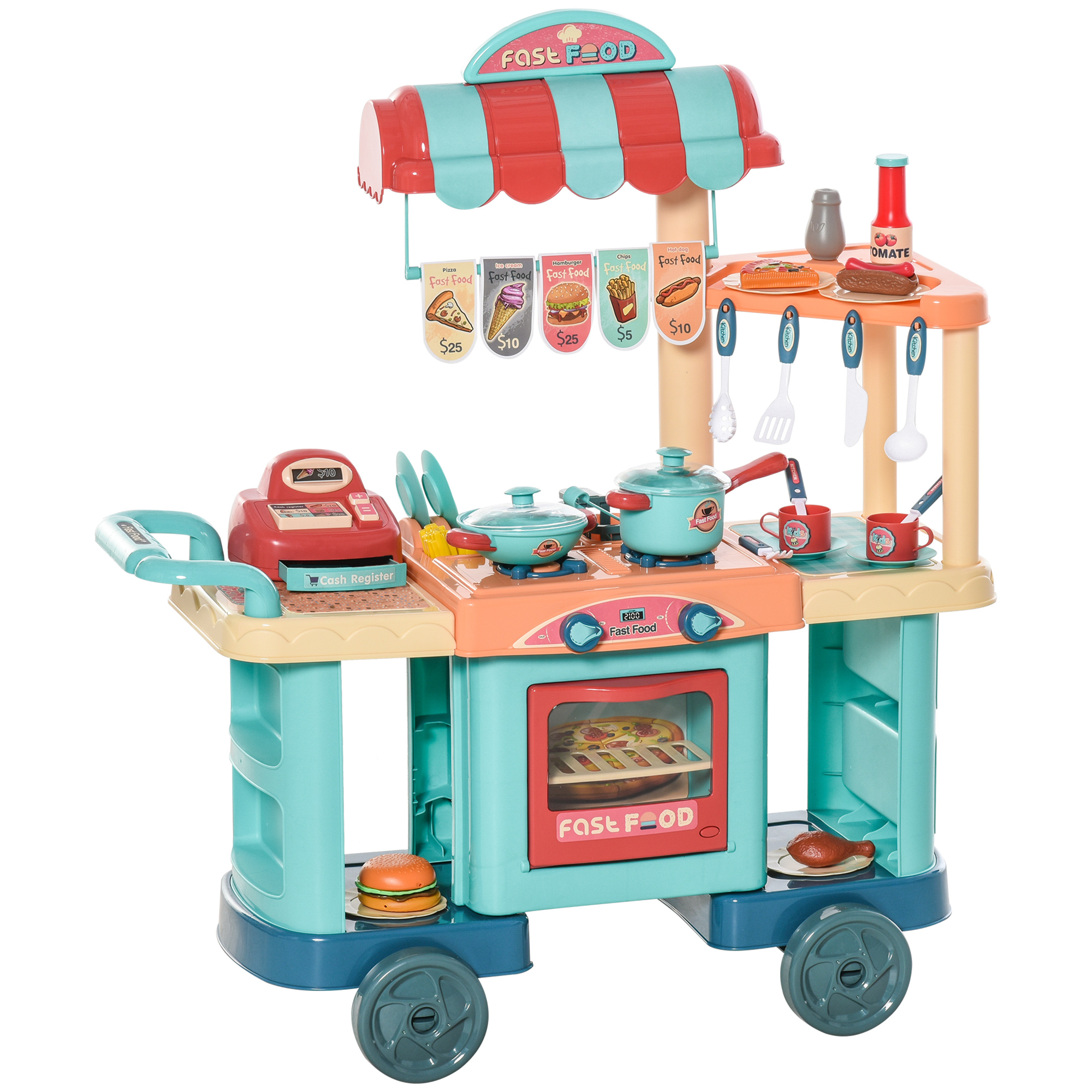 Qaba Kids Kitchen Food Stand with Play Food, Cashier Register, Accessories Ages 3-6