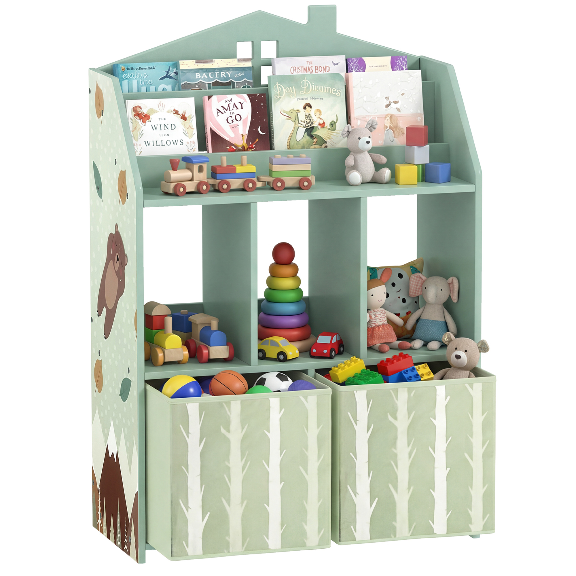 Kids Bookshelf with Storage, Toy Storage Unit with Book Display, Shelves and Fabric Drawers for Playroom Nursery, Green