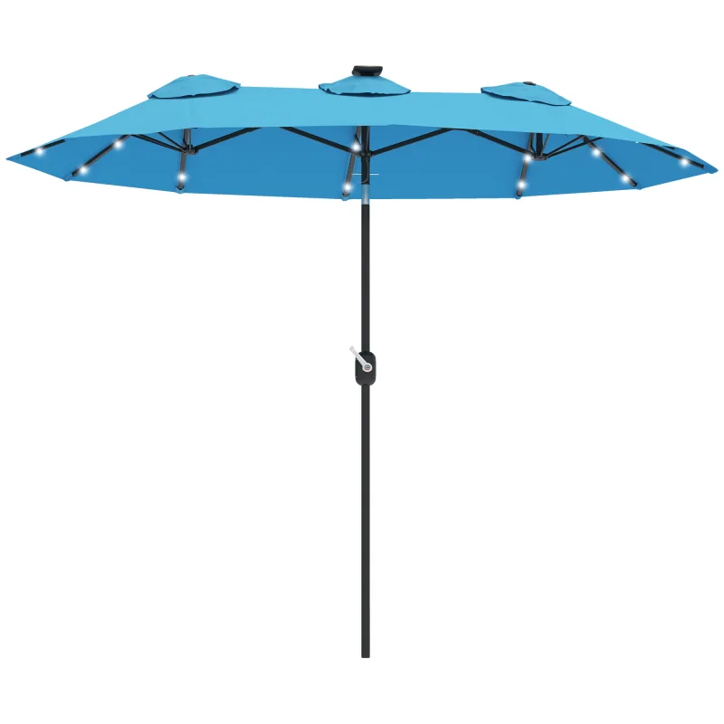 Double-sided Patio Umbrella, 9.7' Outdoor Umbrella with Tilt and Crank, LED Solar Light and 12 Ribs, Light Blue
