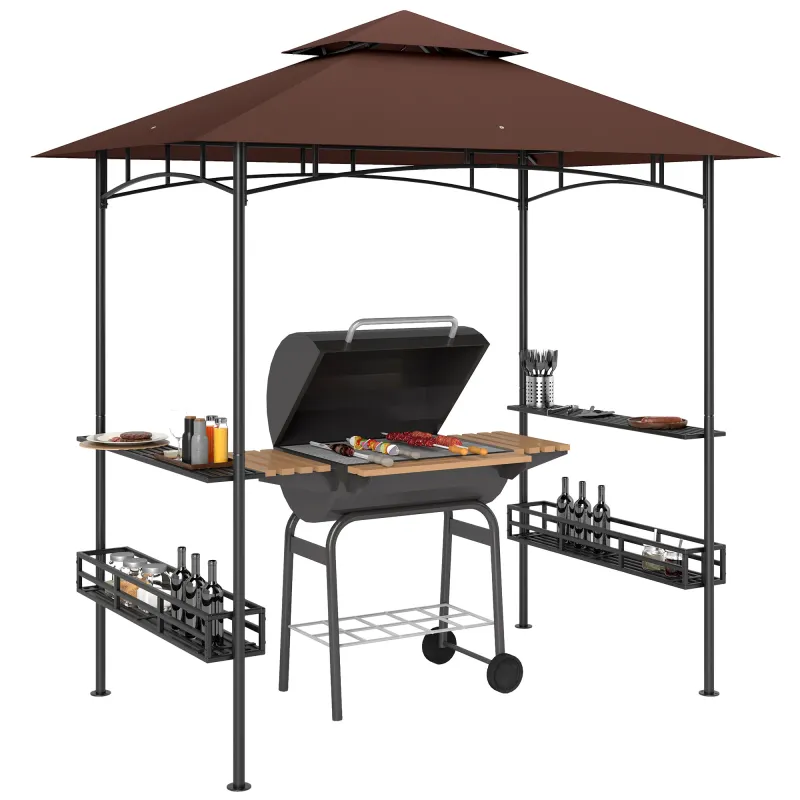 8' x 5' BBQ Grill Gazebo, 2-Tier Outdoor BBQ Gazebo with 2 Side Shelves, Storage Baskets, Ceiling Hook, Dark Brown