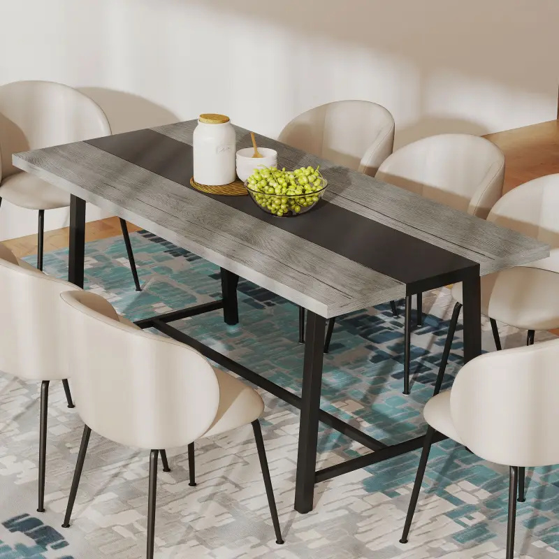 Industrial Kitchen Table for 8 People, 70.9" Long Dining Table with Large Tabletop and Steel Legs for Dining Room, Gray
