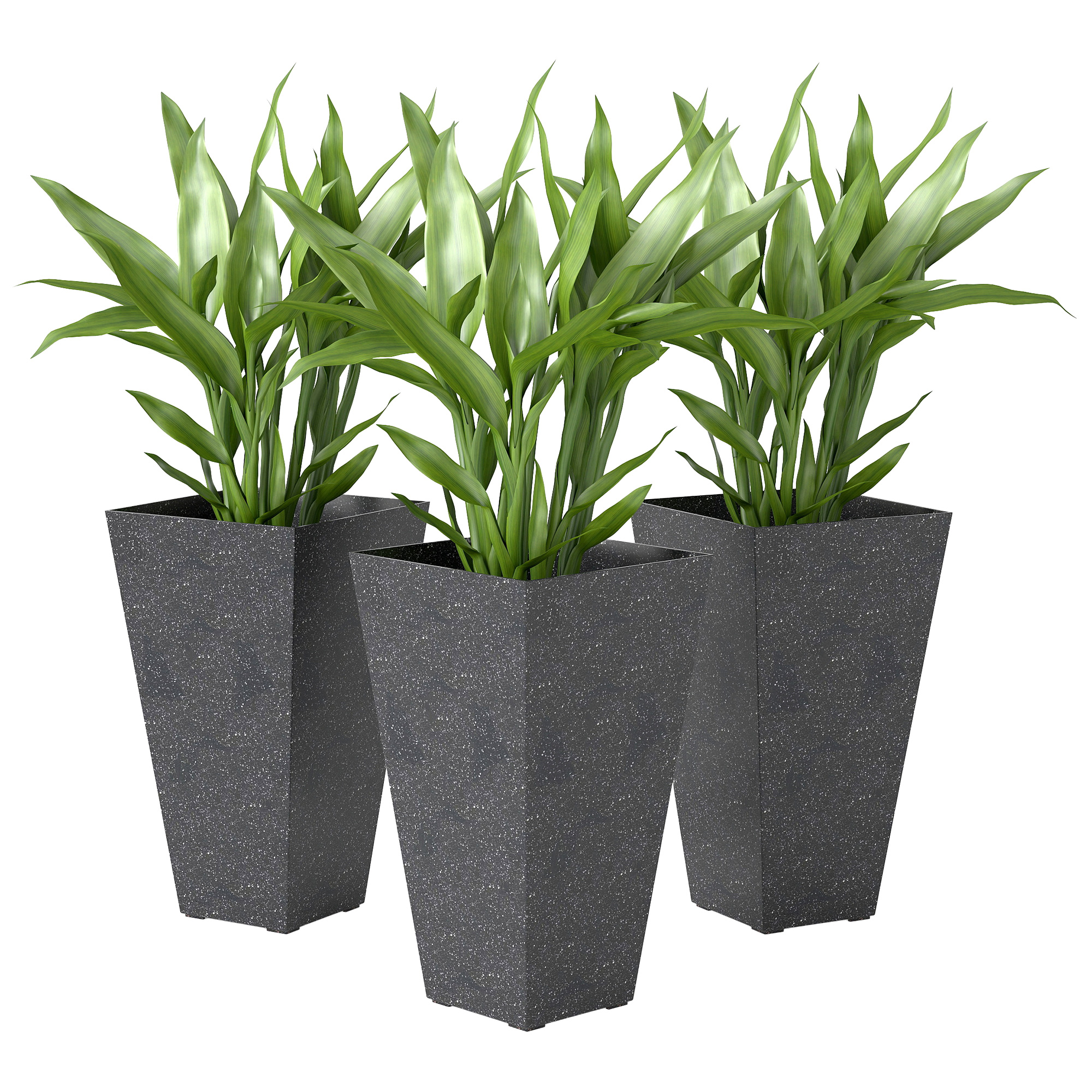 28" Tall Planters, Set of 3 Plastic Flower Pots with Marble Finish and Drainage Holes, Stackable Taper Planters, Black