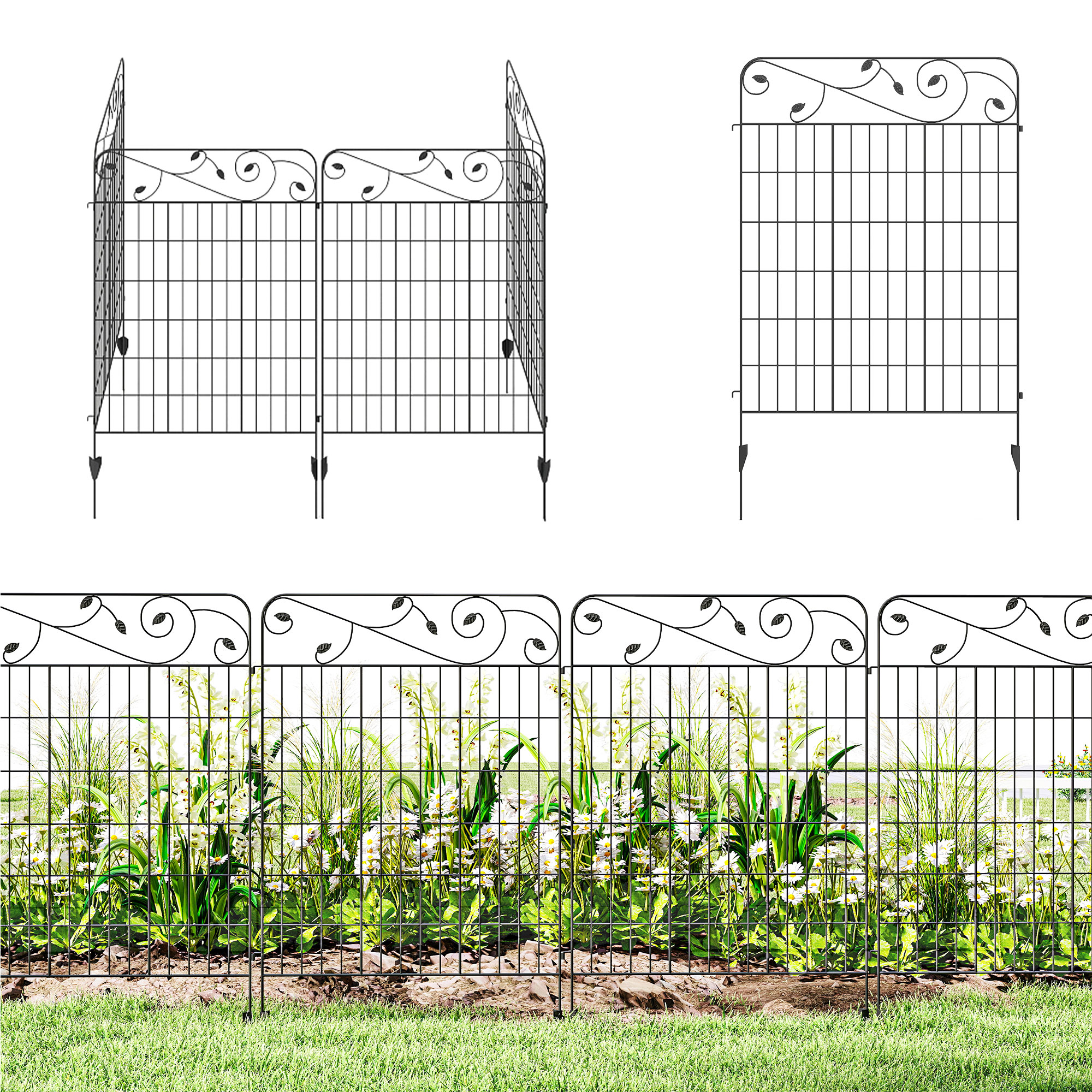 Garden Fence, 4 Pack Steel Fence Panels, 11.5' L x 43" H, Rust-Resistant Decorative Border Flower Edging for Yard, Landscape, Patio, Outdoor Decor, Square Vines