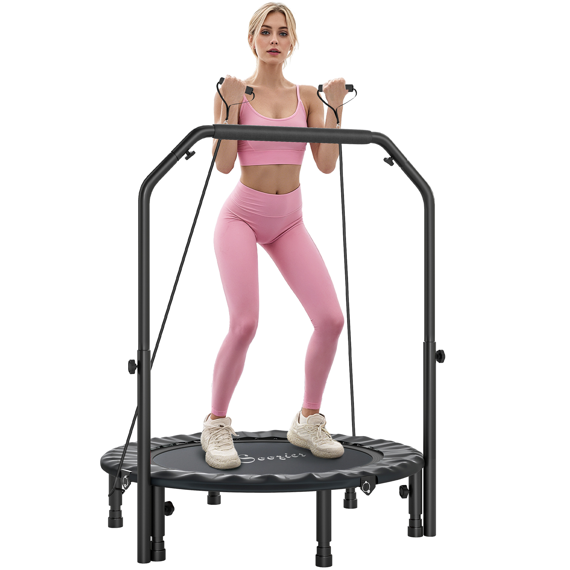 40" Foldable Mini Trampoline, Rebounder Trampoline for Adults with Adjustable Foam Handle, Black