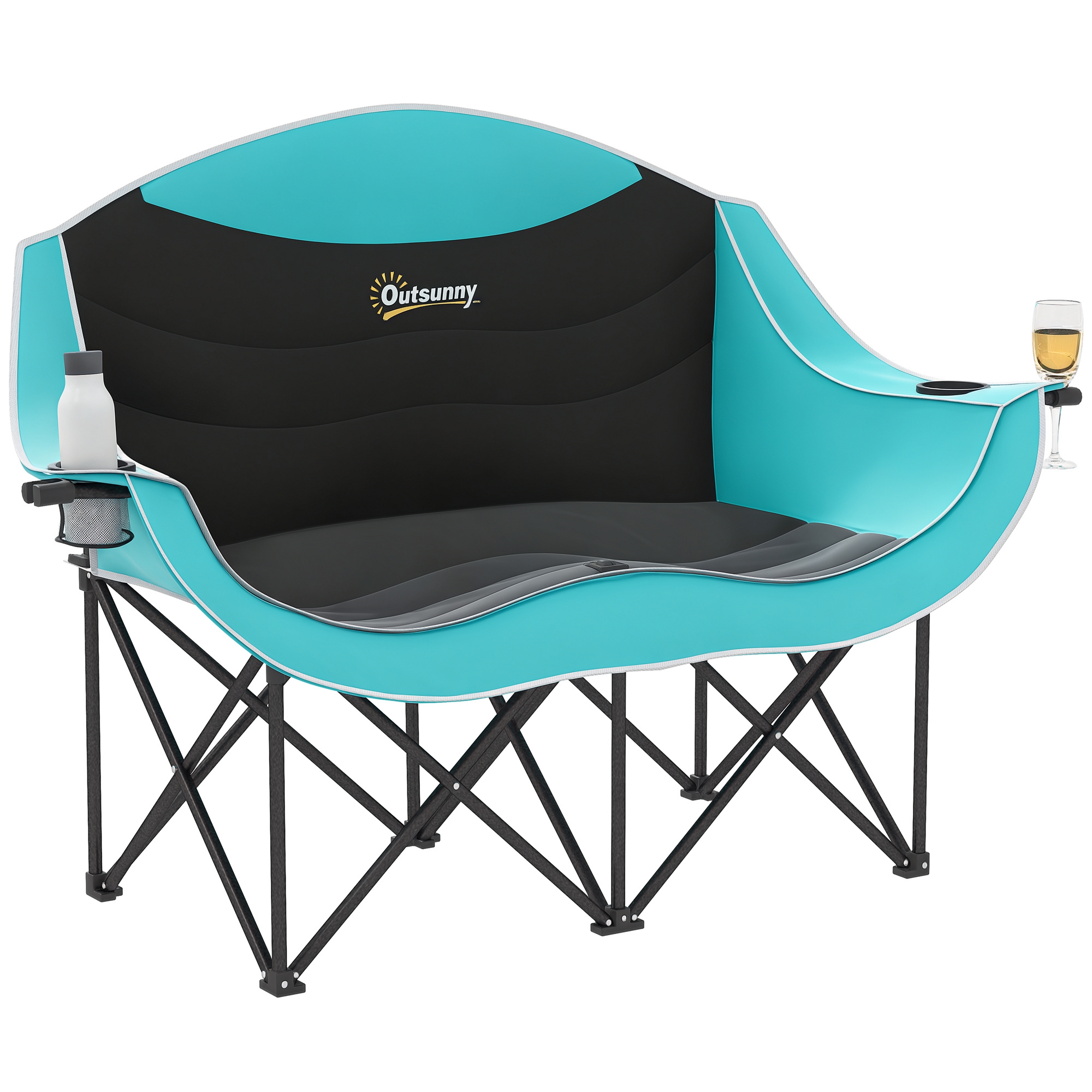 Padded Folding Camp Chair for Adults, Double Camping Chair with Armrests, Cup Holders, Carry Bag for Outdoor, Green