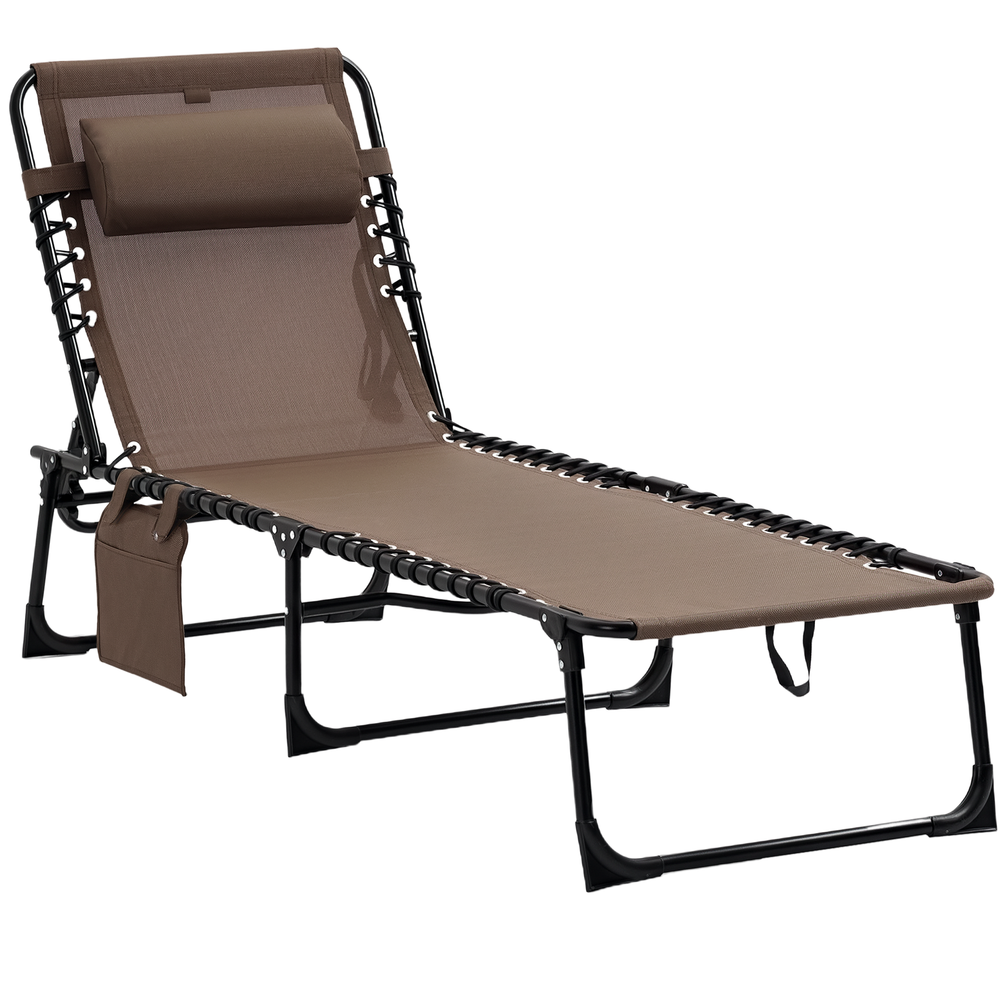  Chaise Lounge Chair Outdoor, 5-Position Adjustable Sun Tanning Chair with Carrying Handle and Side Pocket, Folding Bed Cot with Removable Pillow for Garden, Beach, Patio, Pool, Camp, Brown