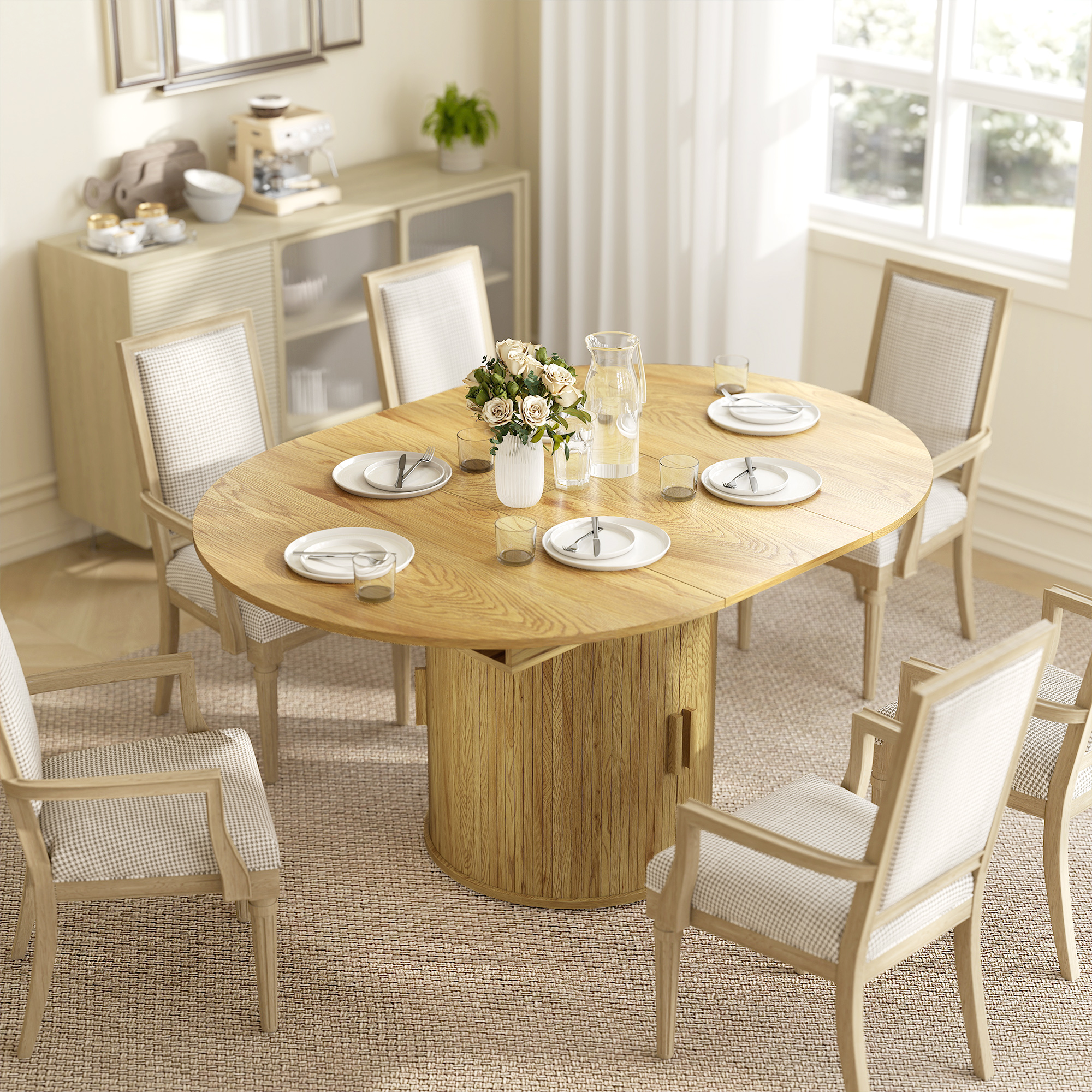 Extendable Dining Table for 6, 60" Farmhouse Kitchen Table with 2-Tier Storage Shelf and Fluted Sliding Doors, Natural