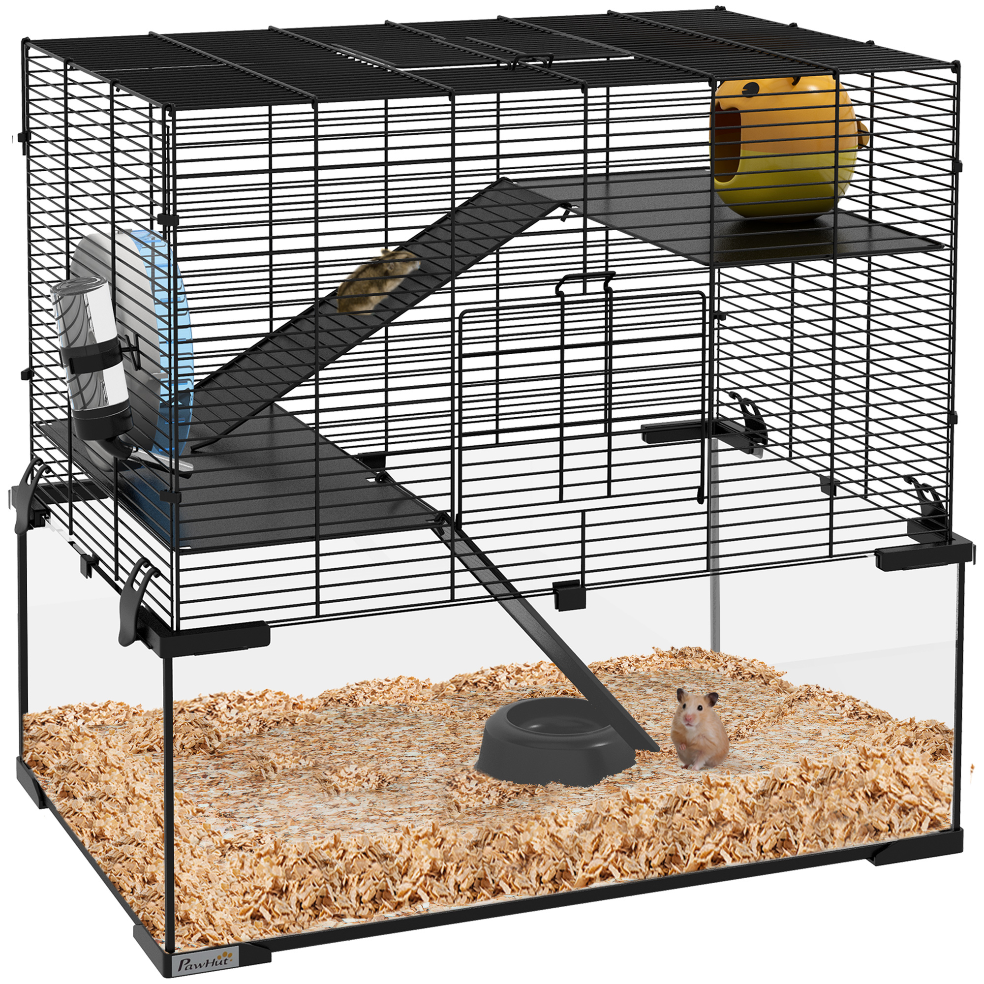 23.5" Hamster Cage, Gerbil Cage with Glass Basin for Small Hamsters, Black