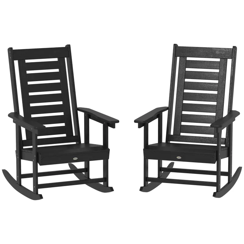 2 Pieces Outdoor Rocking Chairs, HDPE Patio Rockers with 28" High Back, Wide Armrests for Porch Backyard, Black
