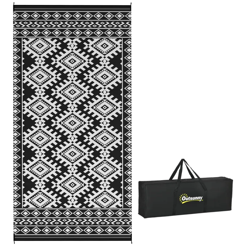 Reversible Outdoor Rug, Waterproof Plastic Straw with Carry Bag, 9' x 18', Black & White Rhombus Border