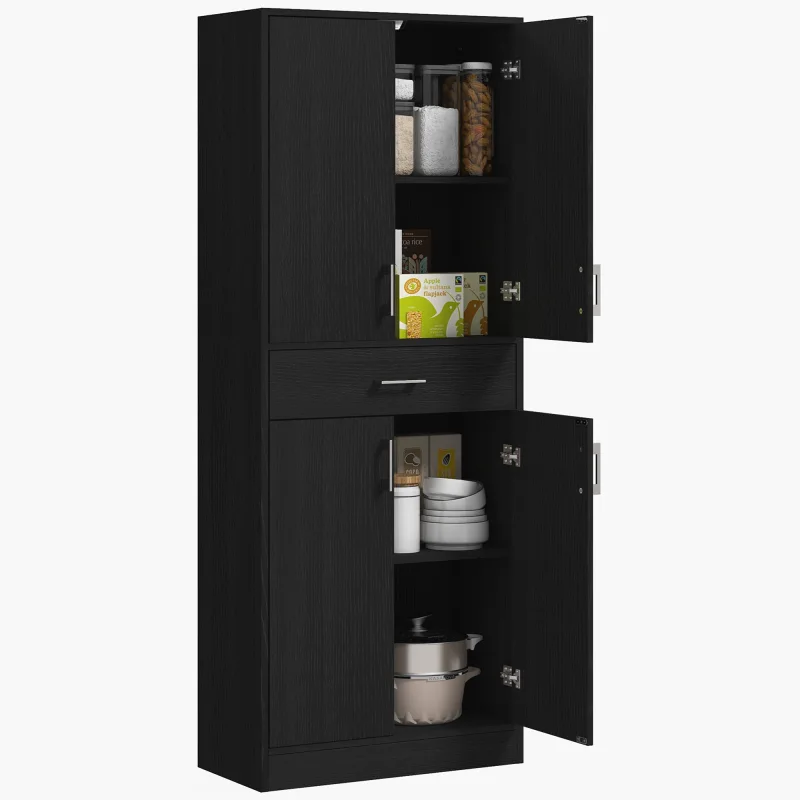 71" Kitchen Cabinet with Drawer and Adjustable Shelf, Freestanding Tall Kitchen Pantry, Distressed Black