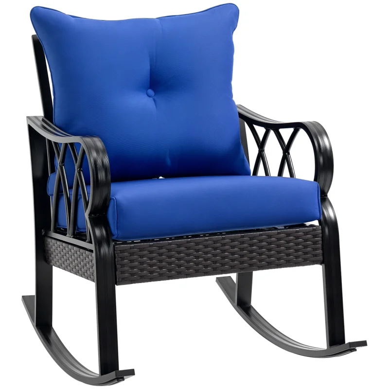  Outdoor Wicker Rocking Chair with Padded Cushions, Aluminum Furniture Rattan Porch Rocker Chair w/ Armrest for Garden, Patio, and Backyard, Blue