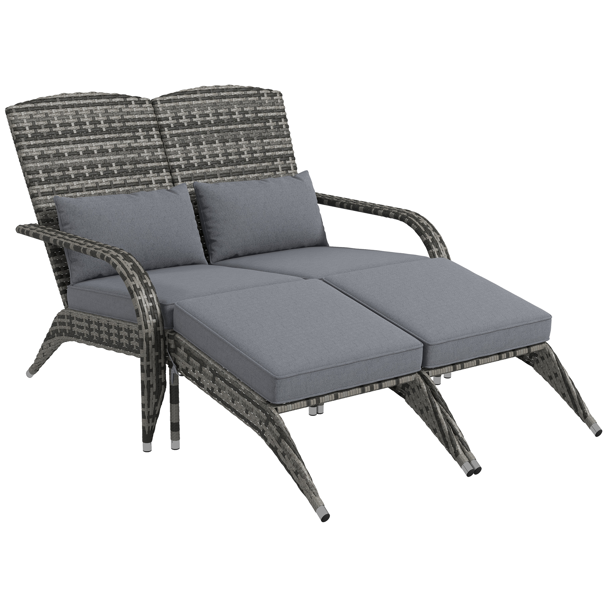  Wicker Adirondack Chair for 2 with Cushions & Footrests, PE Rattan Double Chaise Lounge Chair, Fire Pit Chair for Porch with High-back, Wide Armrests, Mixed Gray
