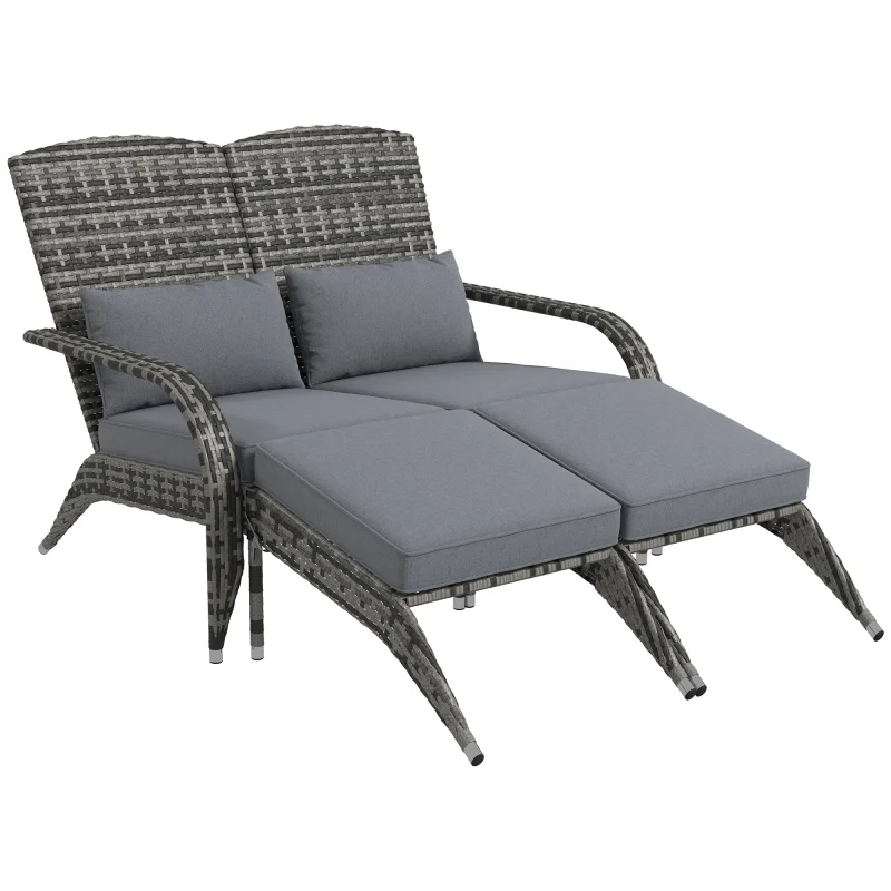  Wicker Adirondack Chair for 2 with Cushions & Footrests, PE Rattan Double Chaise Lounge Chair, Fire Pit Chair for Porch with High-back, Wide Armrests, Mixed Gray