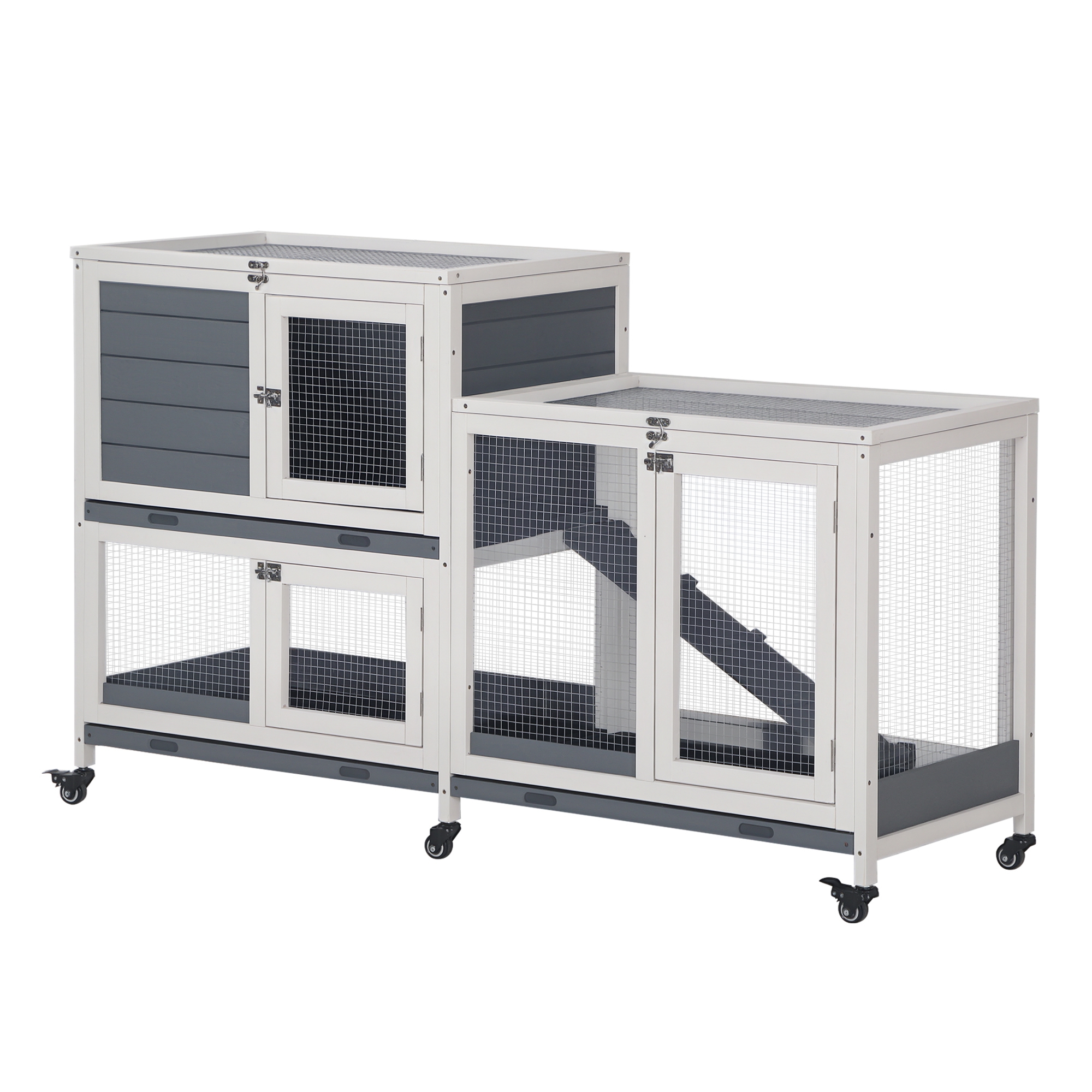 Wooden Rabbit Hutch Bunny Hutch Elevated Pet House Cage Small Animal Habitat with No Leak Tray Lockable Door Openable Top for Rabbits, Chickens, Ducks, Indoor 57.75" x 18" x 32.5" Gray