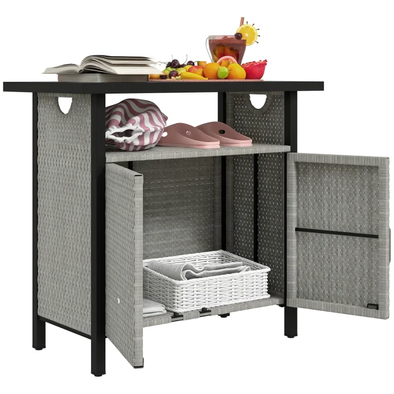 Outdoor Pool Towel Storage Cabinet Organizer, Outdoor Bar Table with Shelf and Cabinet, Pool Towel Holder Pool Valet with Weather-Resistant PE Rattan and Steel Frame, Gray