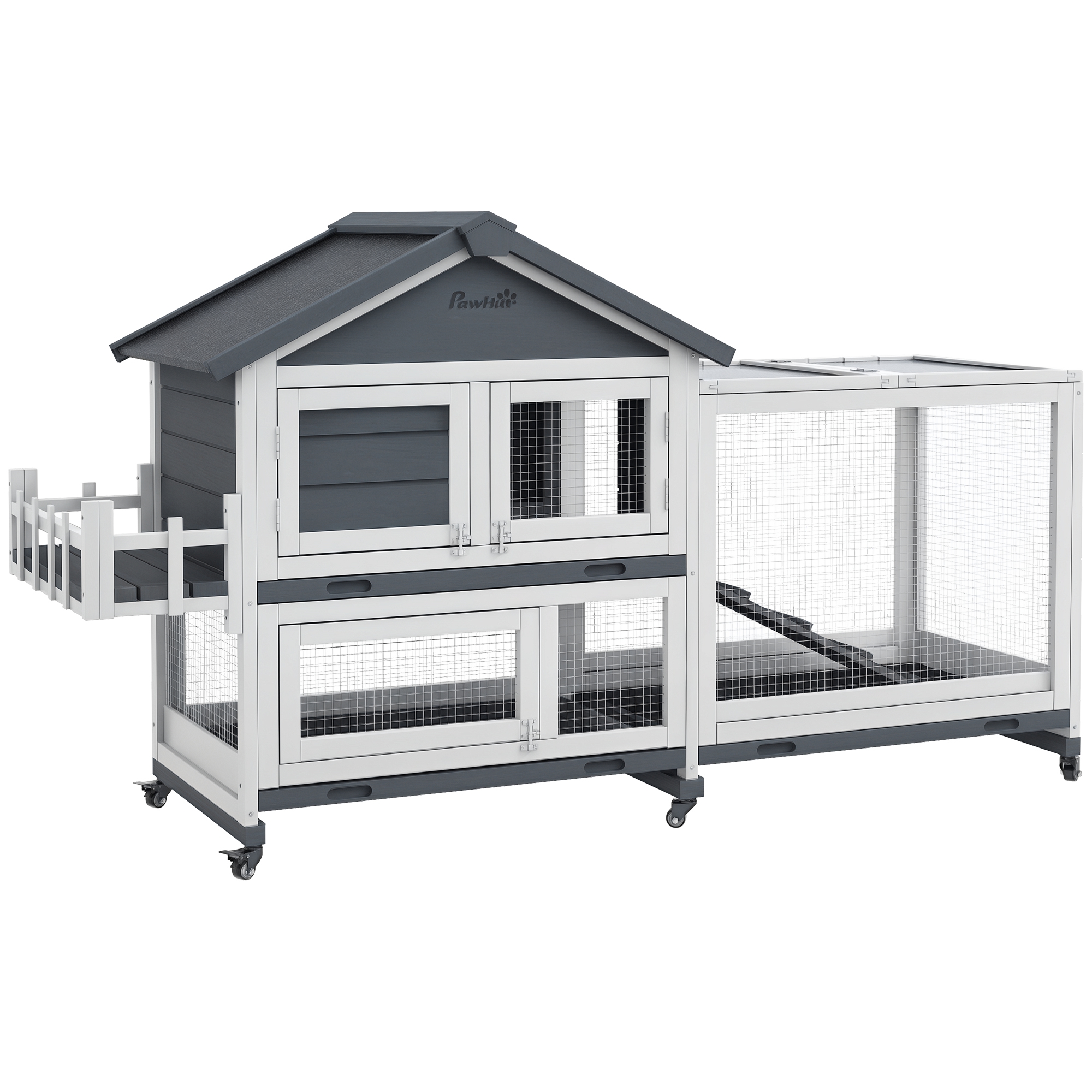 65" Wooden Rabbit Hutch, Pet Playpen with Openable Roof & Storage Box for Rabbits and Small Animals, Gray