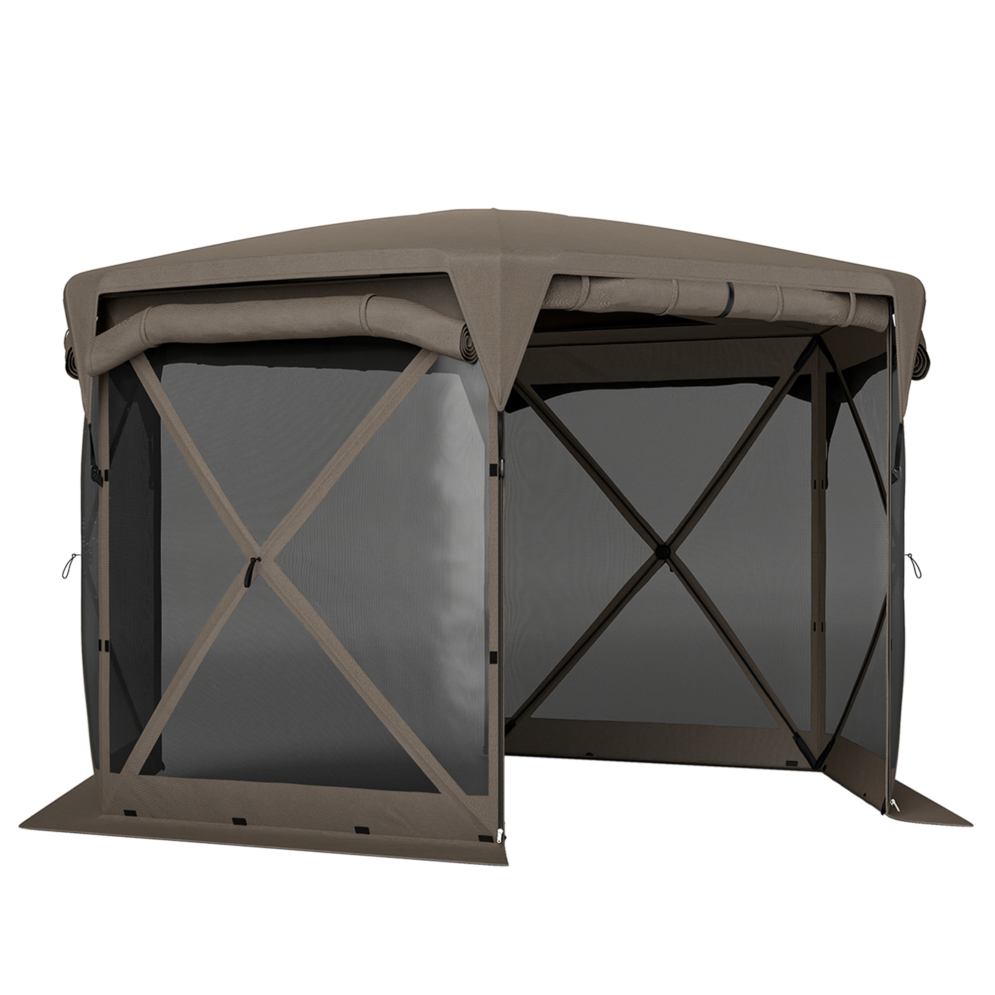 11 x 11ft Pop Up Gazebo Screen Tent with Removable Roof Cover, Roll-up Wind Panels for Camping, Backyard, Brown