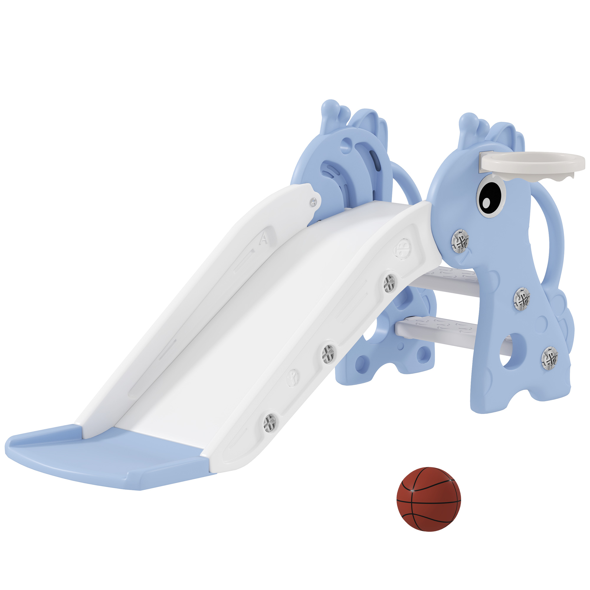 3-in-1 Toddler Slide for Age 1-3, Freestanding Kids Slide with Climber, Basketball Hoop and Ball, Giraffe Design, Blue
