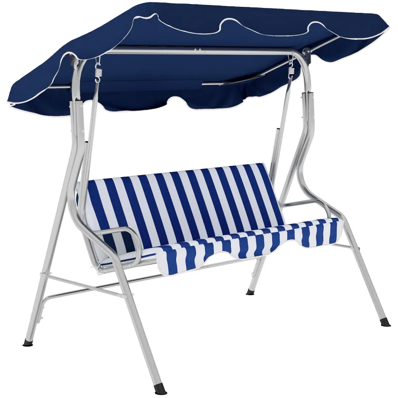  3-Person Porch Swing with Canopy, Patio Swing Chair, Outdoor Canopy Swing Bench with Adjustable Shade, Cushion and Steel Frame, Dark Blue & White Striped