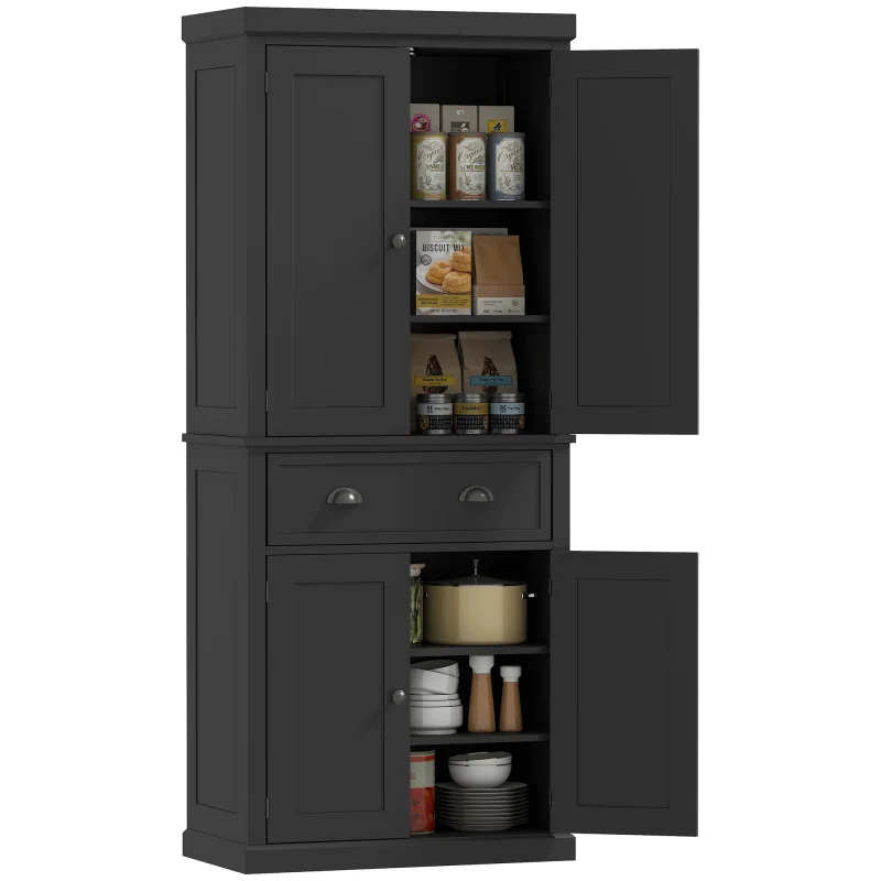 72.5" Kitchen Cabinet, Pantry Storage Cabinet with Doors and Shelves, Freestanding Food Pantry Cabinet, Black