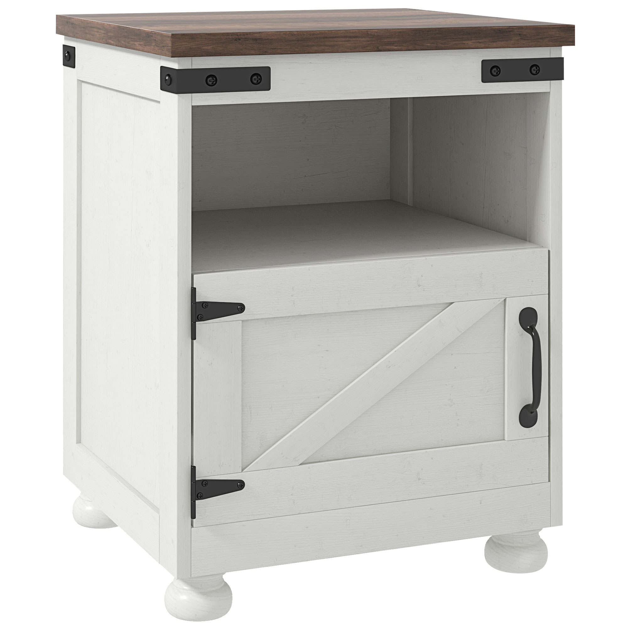 Side Table with Storage, End Table with Open Shelf, Cupboard and Wood Legs, Modern and Farmhouse Style, White