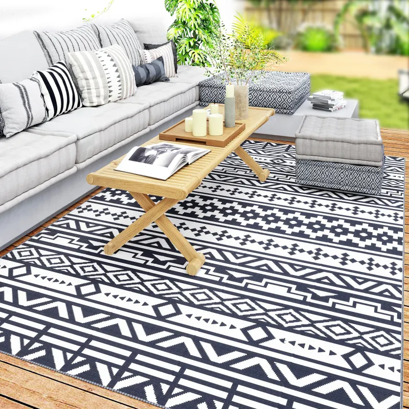 Reversible Outdoor Rug, Waterproof Plastic Straw with Carry Bag, 6' x 9', Blue & White Geometric