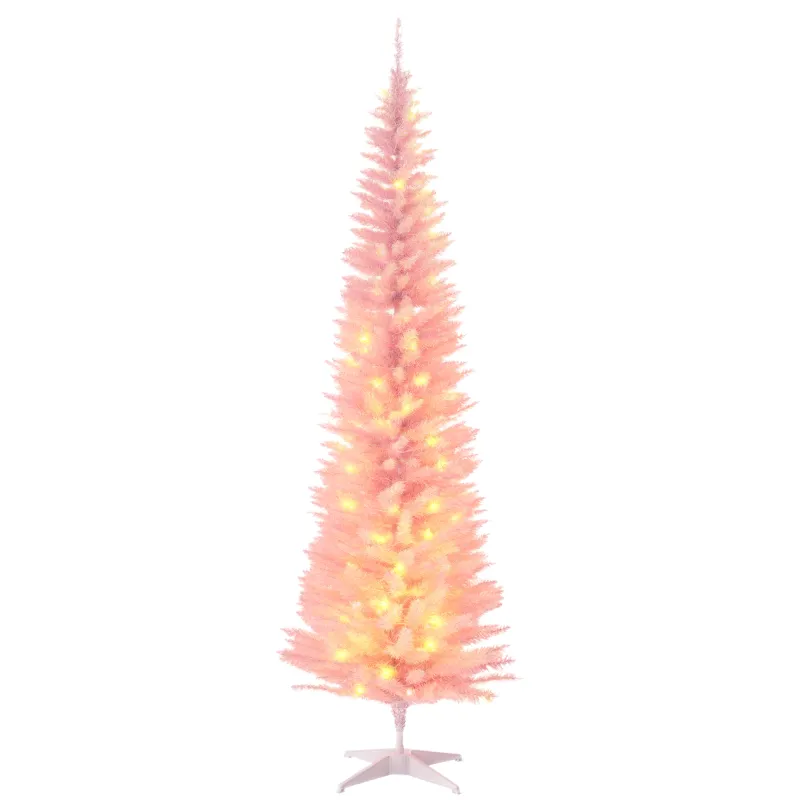 7ft Pencil Christmas Tree, Slim Artificial Christmas Tree with Realistic Branches and Warm White LED Lights, Pink