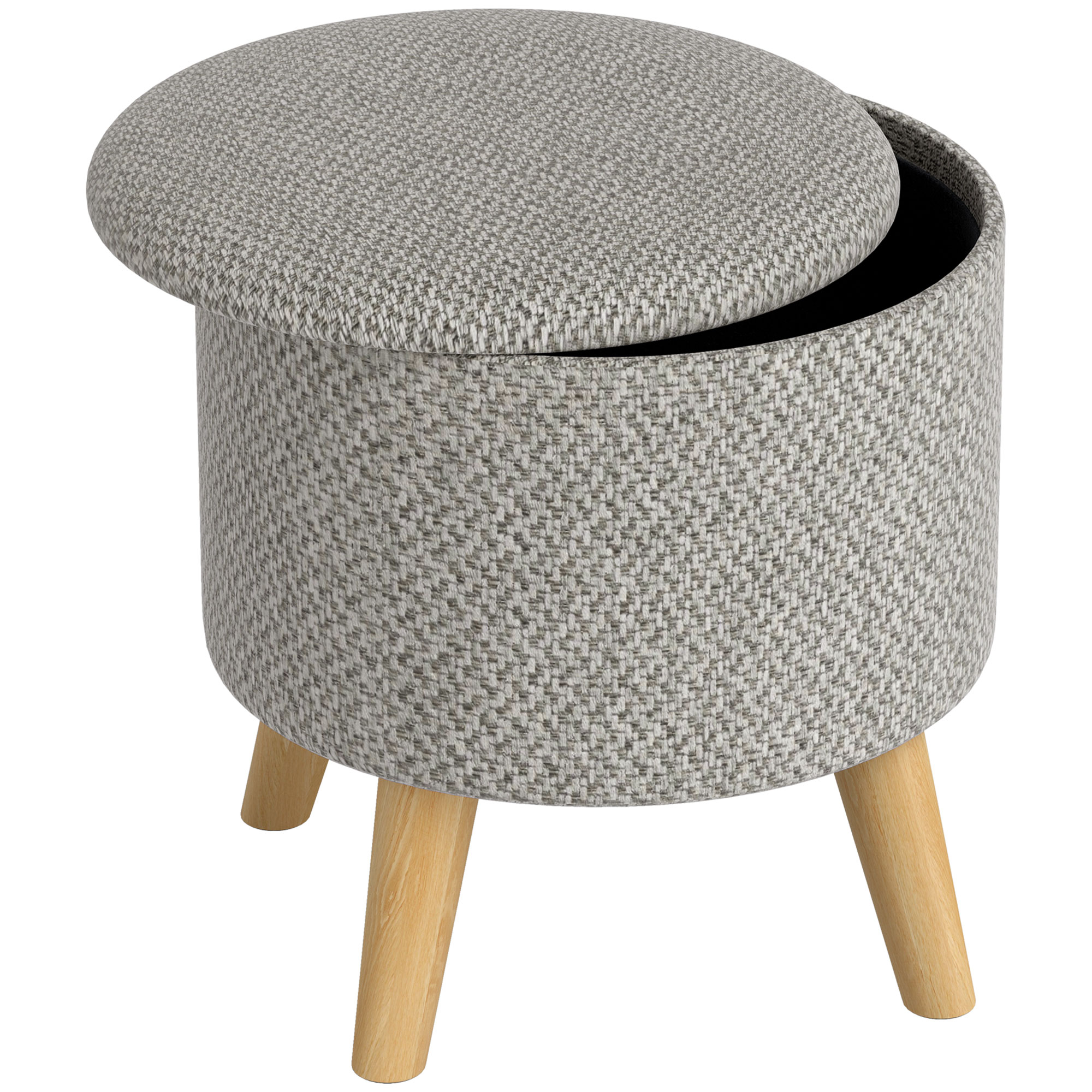 Round Ottoman Stool with Storage, Linen Upholstered Foot Stool with Padded Seat, Hidden Space and Wood Legs, Light Gray