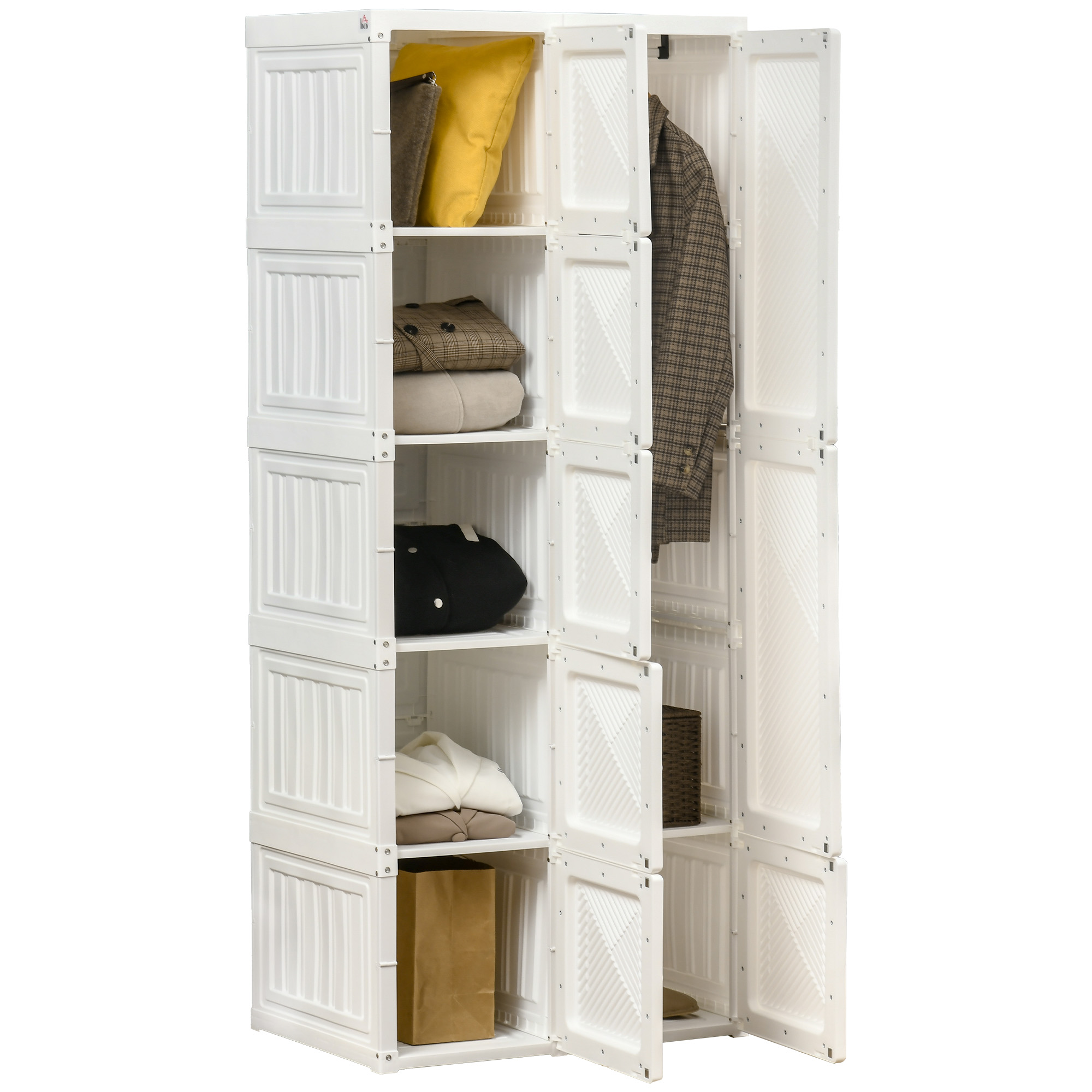 Portable Wardrobe Closet, Folding Bedroom Armoire, Clothes Storage Organizer with Cube Compartments, Hanging Rod, Magnet Doors, White