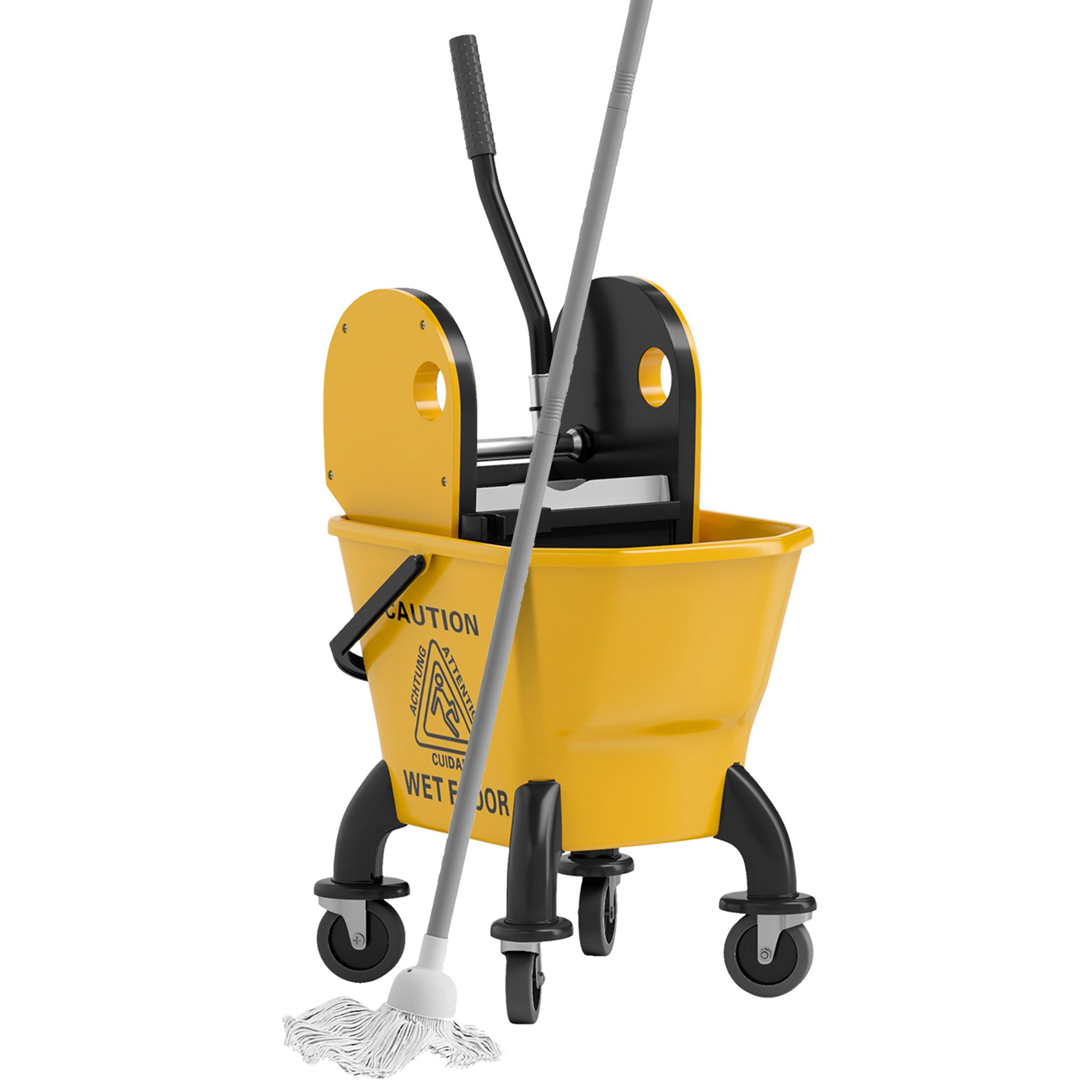 Mop Bucket with Wringer on Wheels for Floor Cleaning, 27.5 Quart Down Press Wringer with Handle and Mop, Yellow