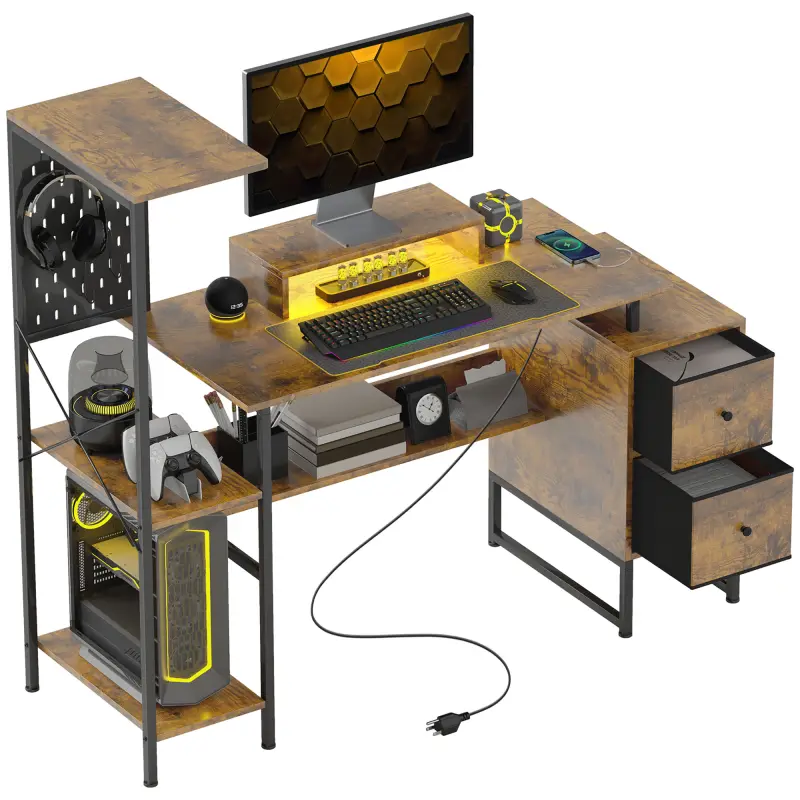 56" Computer Desk with Storage, Computer Table with Power Outlets and LED Lights, Rustic Brown