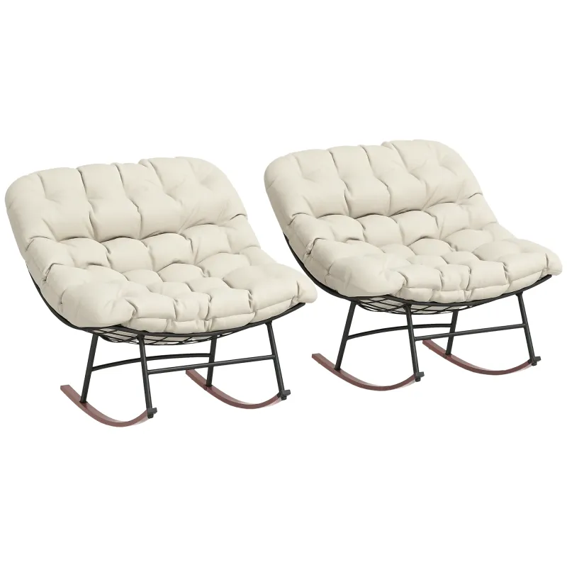 Outdoor Rocking Chair Patio Set of 2, Oversized Rocking Papasan Chairs with Cushions for Garden Porch, 265 lbs., Beige
